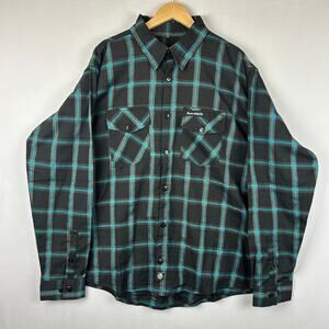 Demons Behind Me Flannel Button Up Shirt Teal/Black Plaid Men's Size 4XL